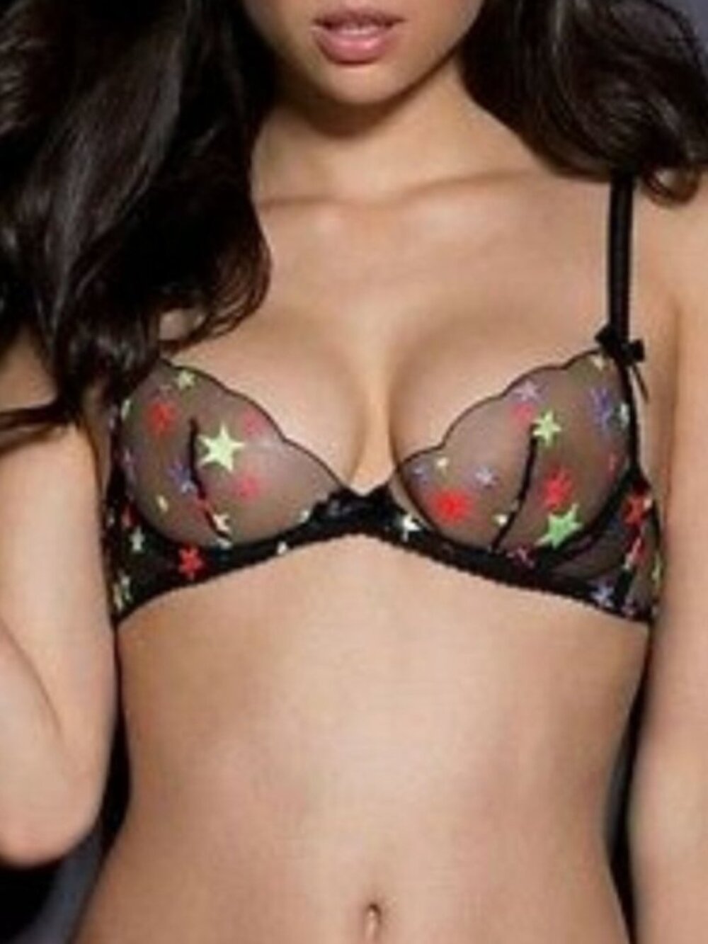Agent Provocateur Black Mesh Bra & Thong Set with Neon Star Embroidery